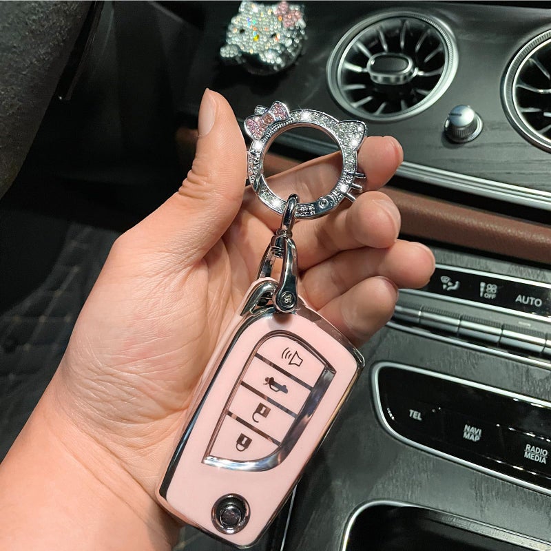 Pangpai Pink Car Accessories 3 Pcs for Toyota Fortuner Tundra Camry RAV4 Highlander Corolla Key Fob Cover with Bling Keychain Cute Push to Start Button Cover - Image 4